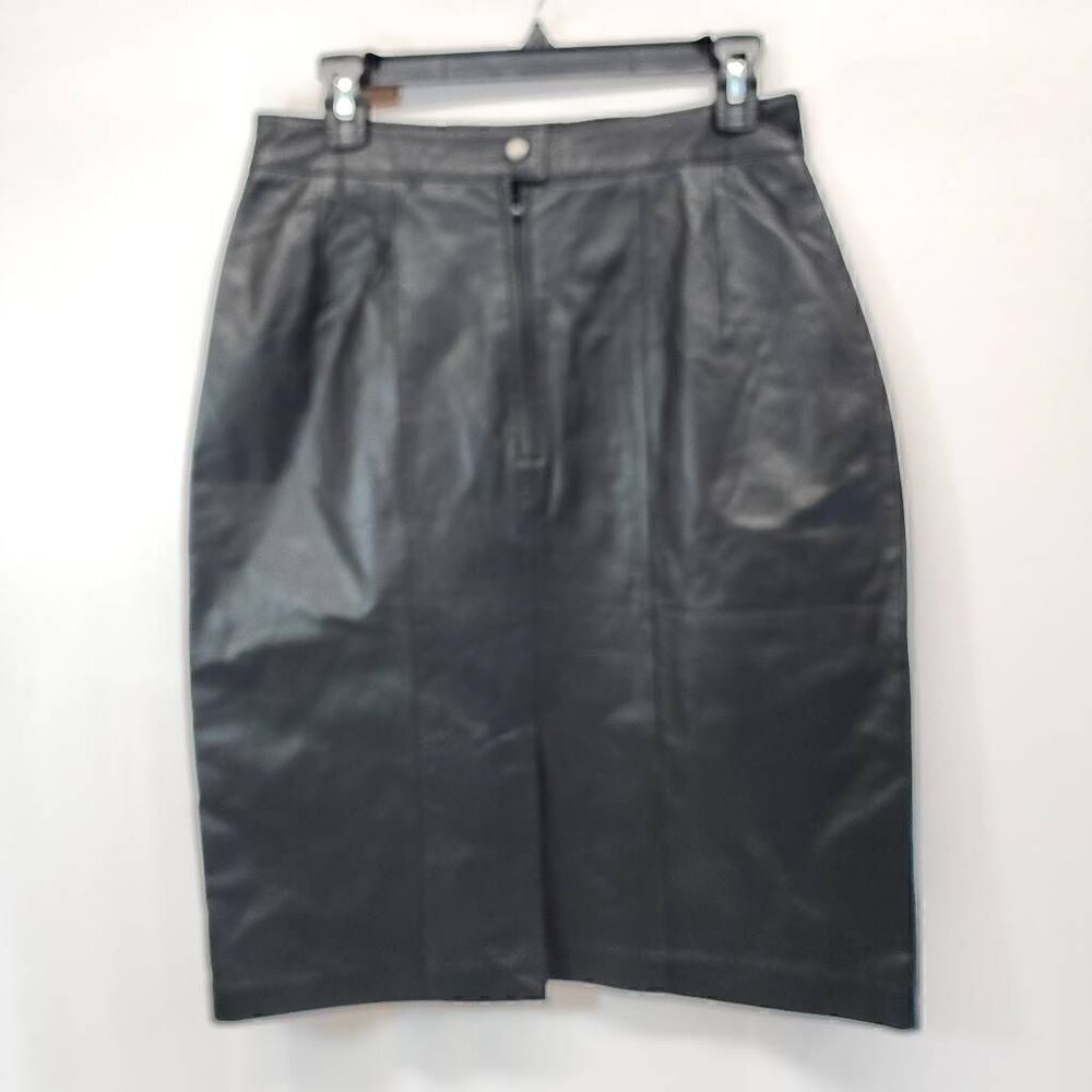 Jacqueline Ferrar Size 12 Vintage Black Leathet Pencil Skirt P10 - Picture 2 of 5